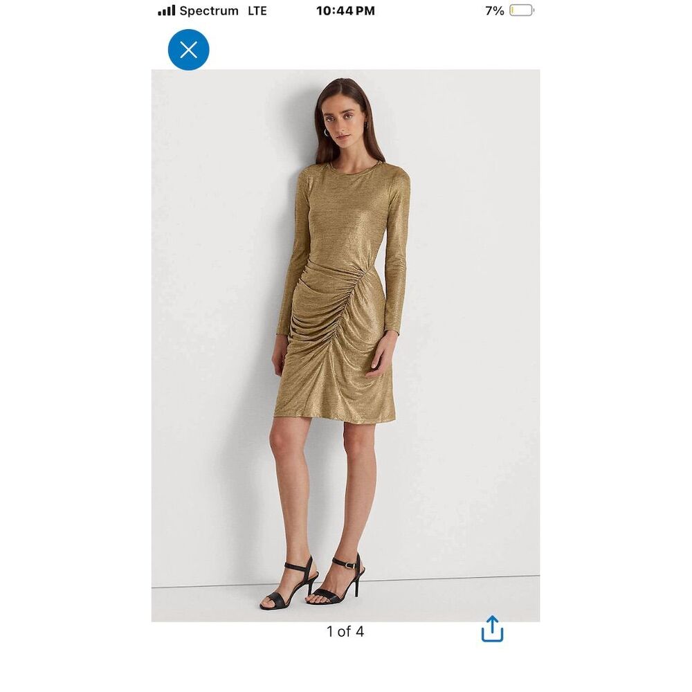 Lauren Ralph Lauren Gold Long Sleeve Ruched Sheath Dress Size 16